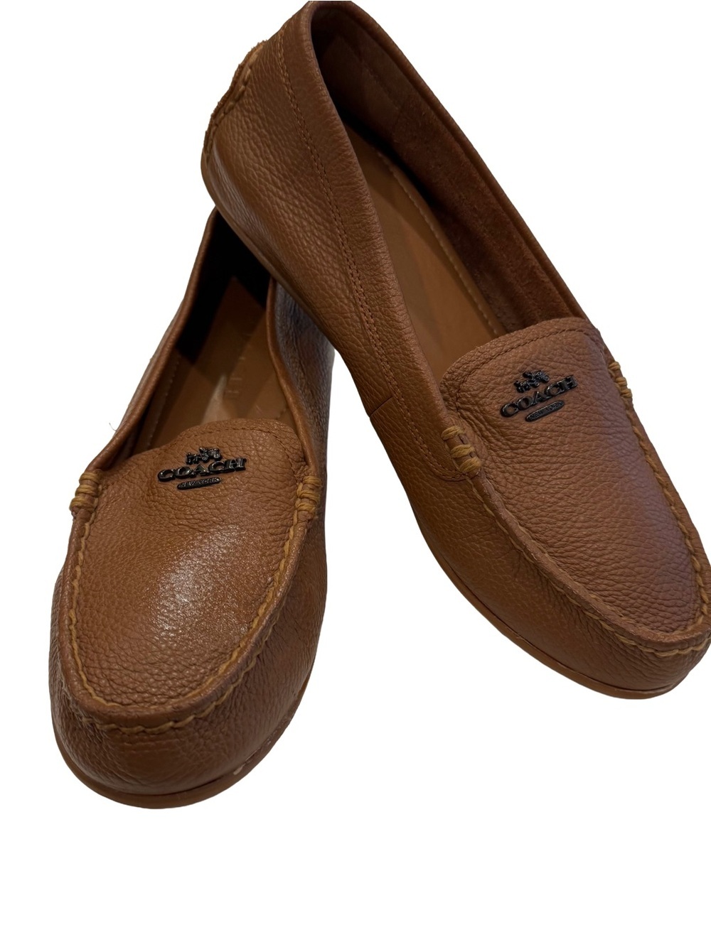 Coach Mary Lock Up Driving Loafers Tan Leather Logo Sz 6.5 NEW